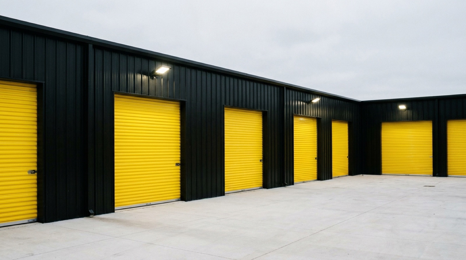 A row of self-storage units with bright yellow roll-up doors on matte black steel